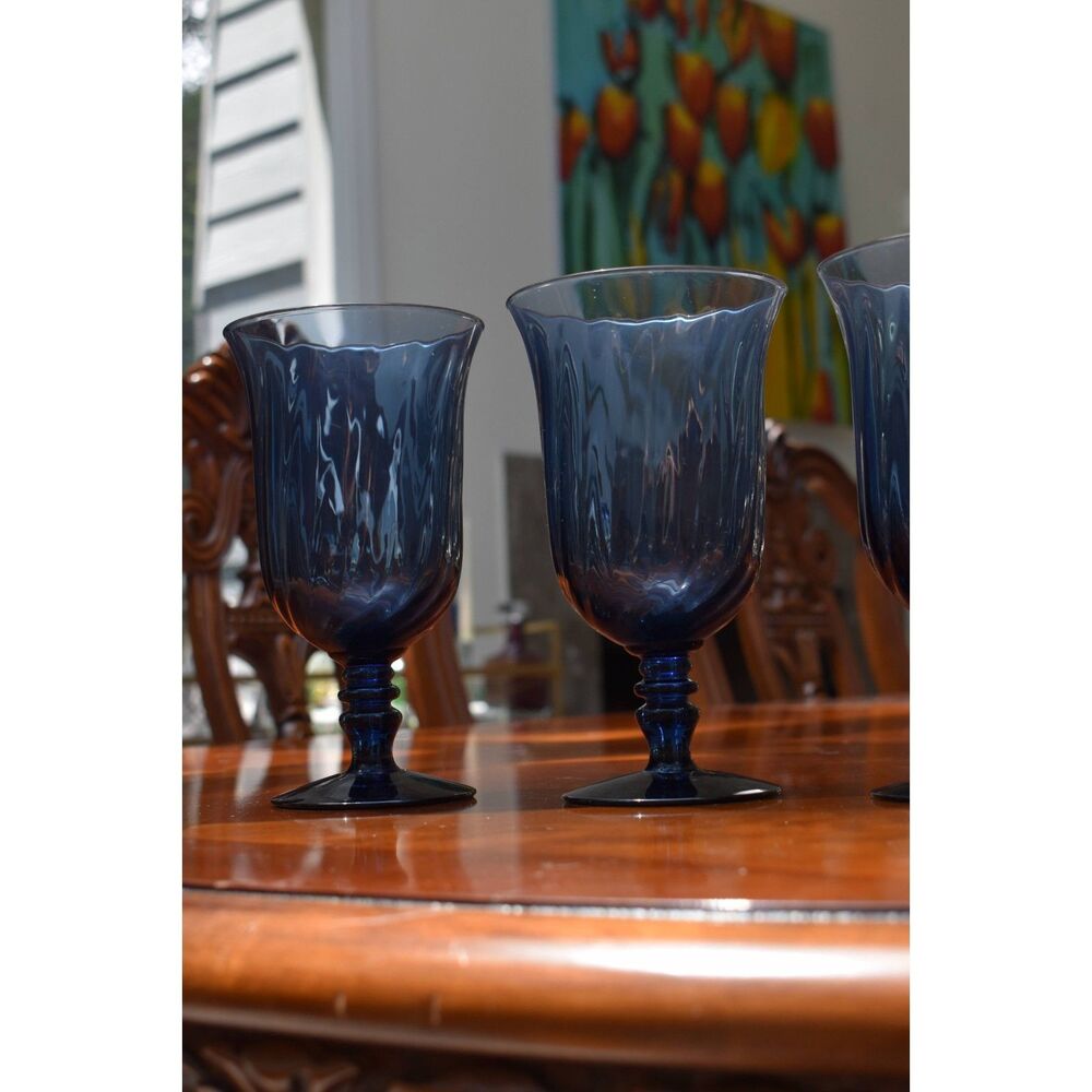 Set of 3 Gorham Gentry Blue Crystal Iced Tea Glasses Cobalt Swirl Signed 7in